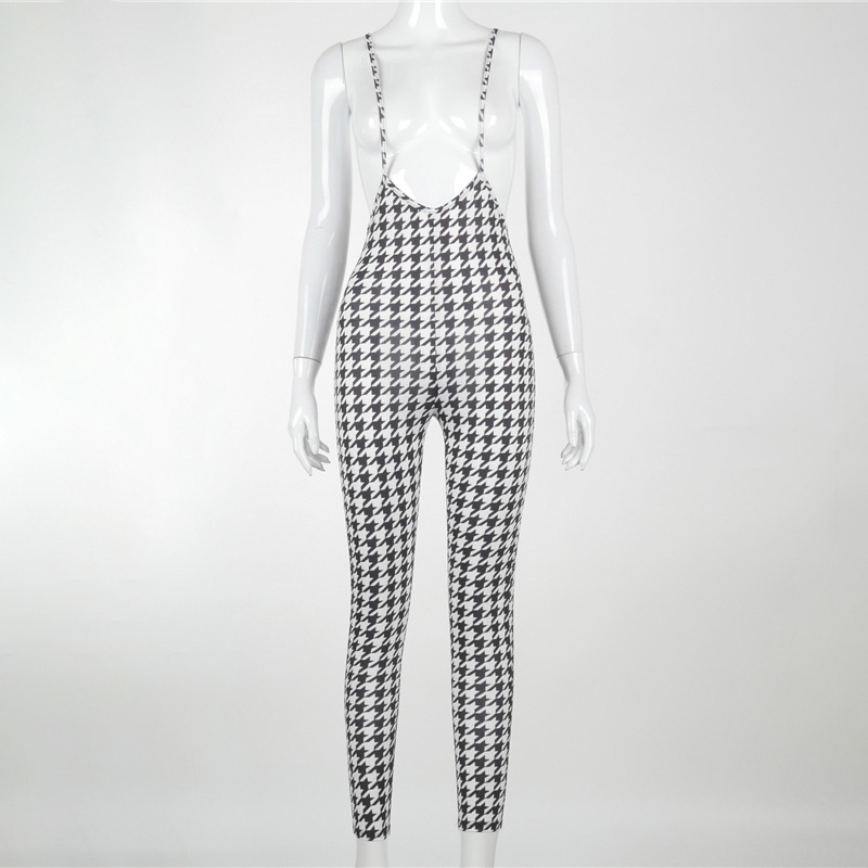 houndstooth print hip-lifting suspender jumpsuit NSMX25367