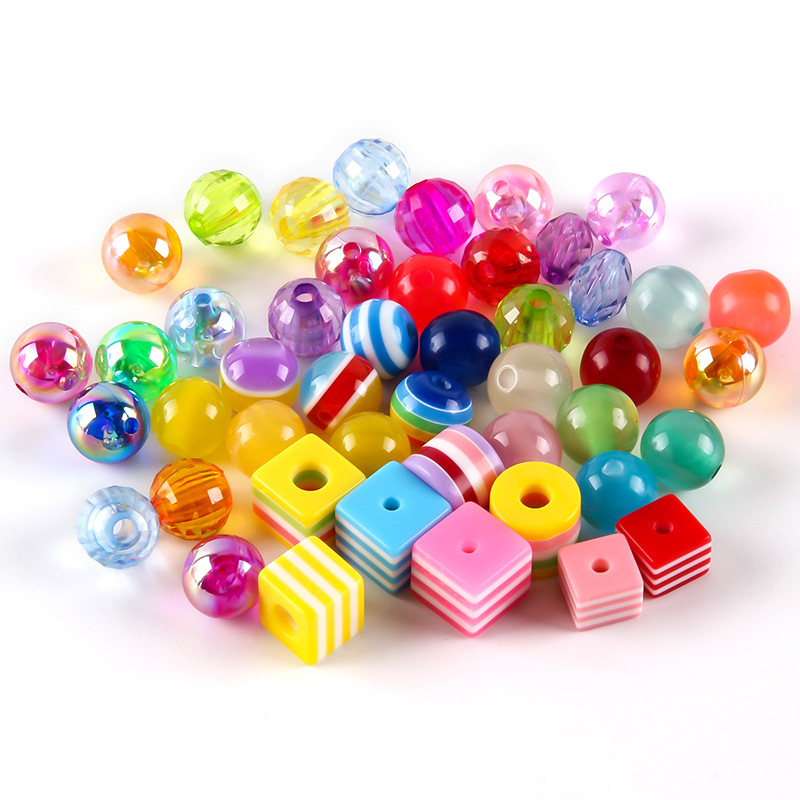 树脂彩色圆珠子益智DIY手工串珠方形条纹幼儿园宝宝糖果色彩珠