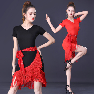 Black red tassels Latin dance dresses ballroom salsa cha cha dance uniforms short-sleeved practice dance outfits