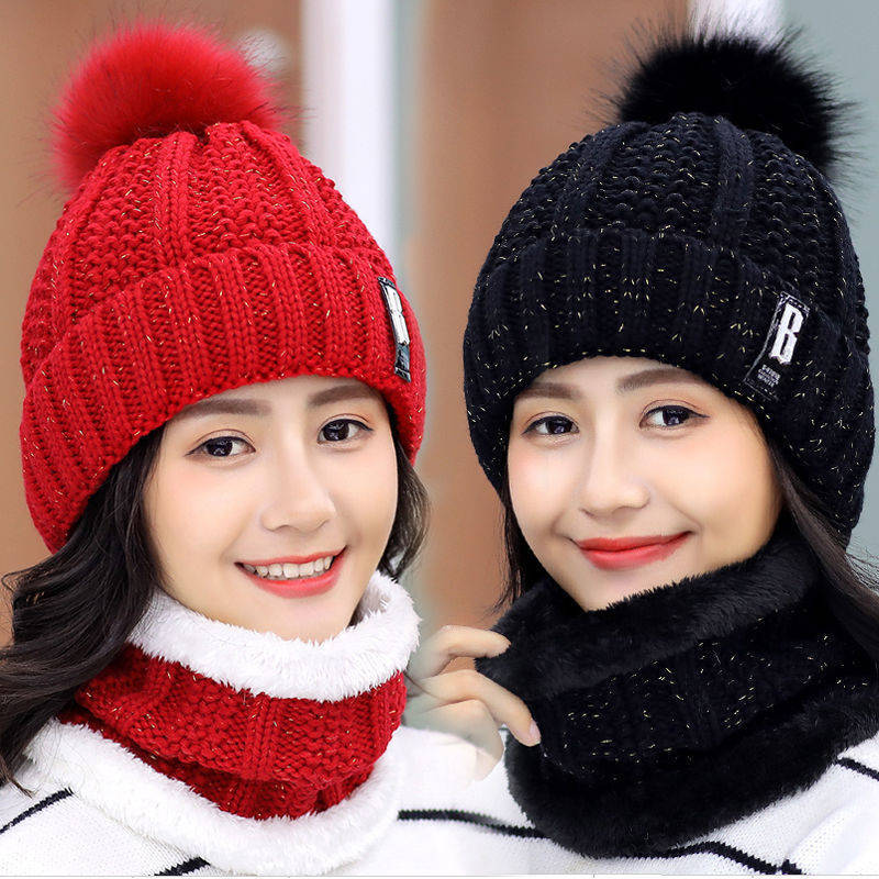 冬季帽子女士可爱毛球加绒保暖针织两件套帽B标字母毛线帽批发
