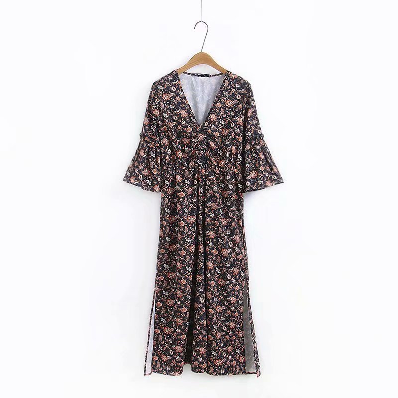 printed v-neck split flared sleeve dress NSAM7254