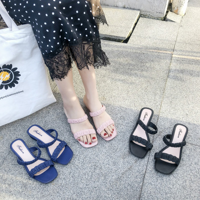 2021 summer new pattern one word Middle heel With crude leisure time Semi slipper Versatile comfortable Simplicity Sandals