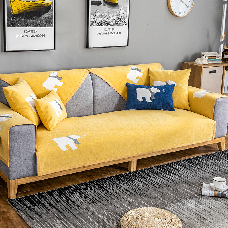 沙发垫四季通用北欧简约雪尼尔防滑靠背巾可爱卡通北极熊沙发盖布