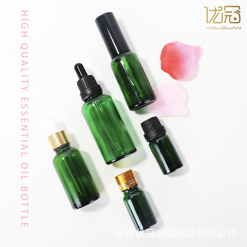 En stock 30ml botella de aceite esencial verde 10ml botella de vidrio líquido esencia cosmética botella de spray de perfume botella