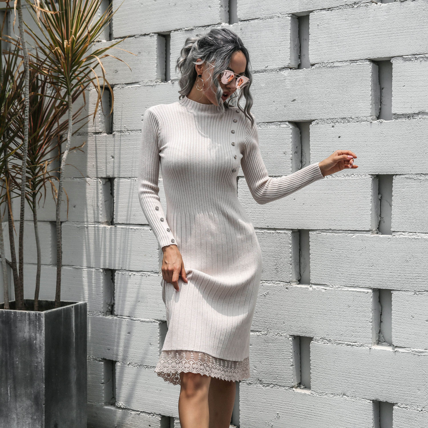 women s autumn and winter new fashion casual knitted lace sweater dress NSMY15955