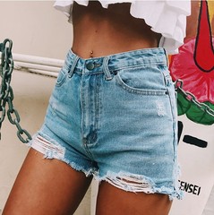 Cross-border supply European and American retro ins hot style ripped cat claw side slit high waist denim shorts women's hot pants