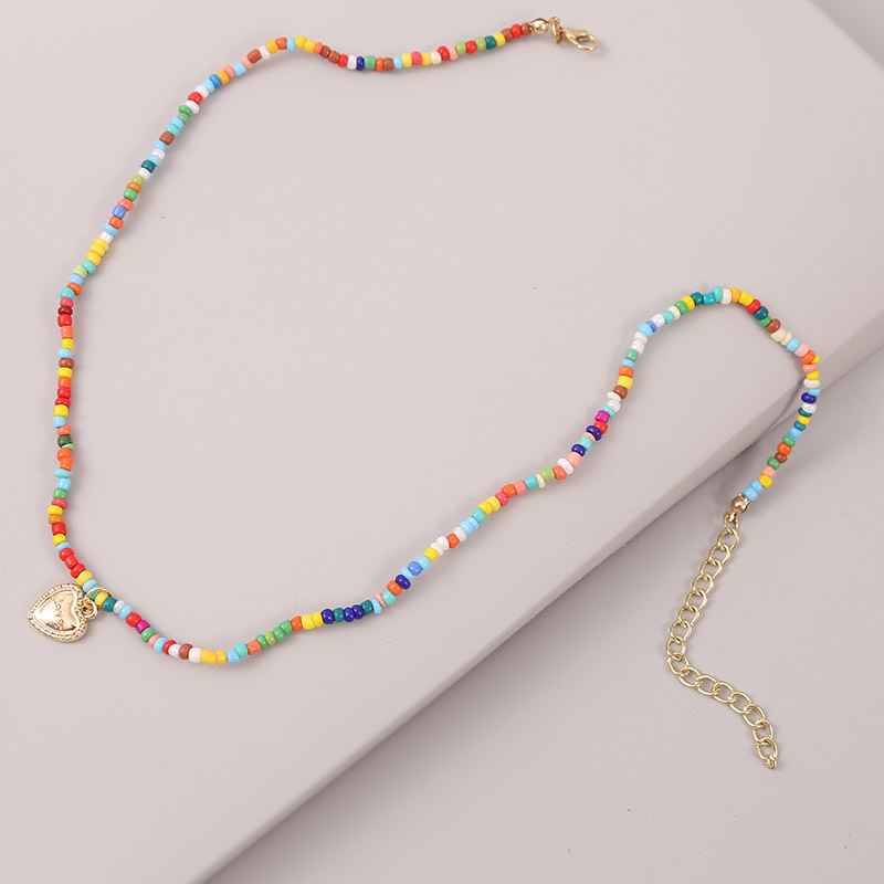 Bohemian Hand-woven Rice Beads Love Necklace Color Beaded Pendant Jewelry display picture 4