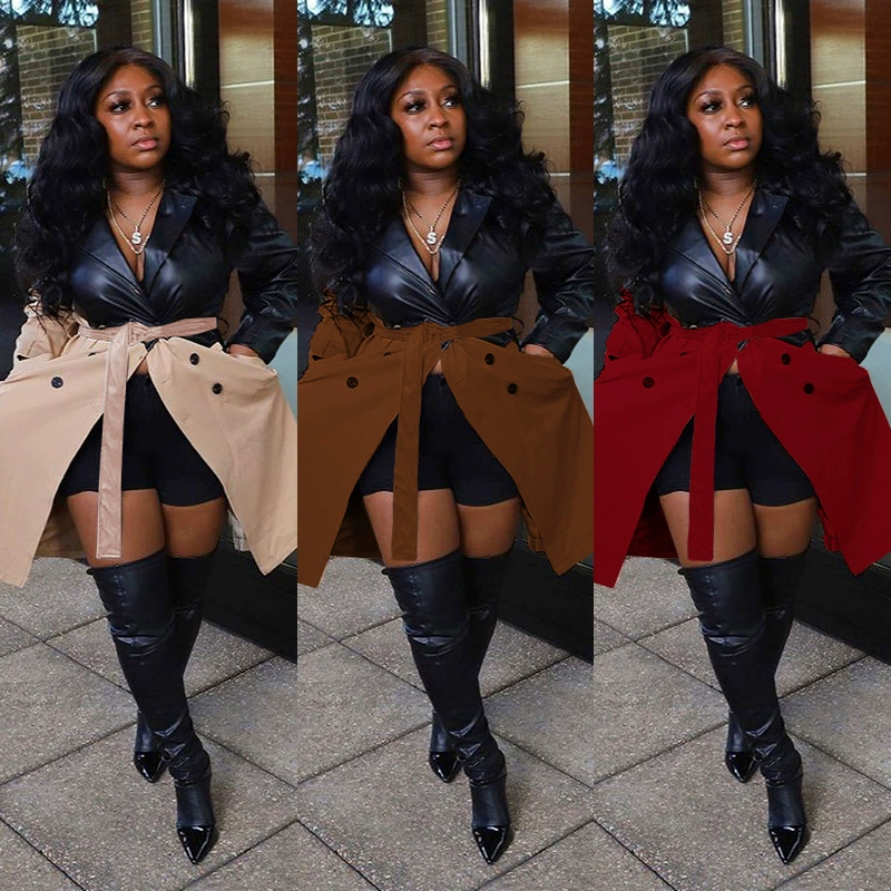 G8083 европейский и американский Amazon новая женская мода повседневная искусственная кожа шить длинное пальто ветровка куртка