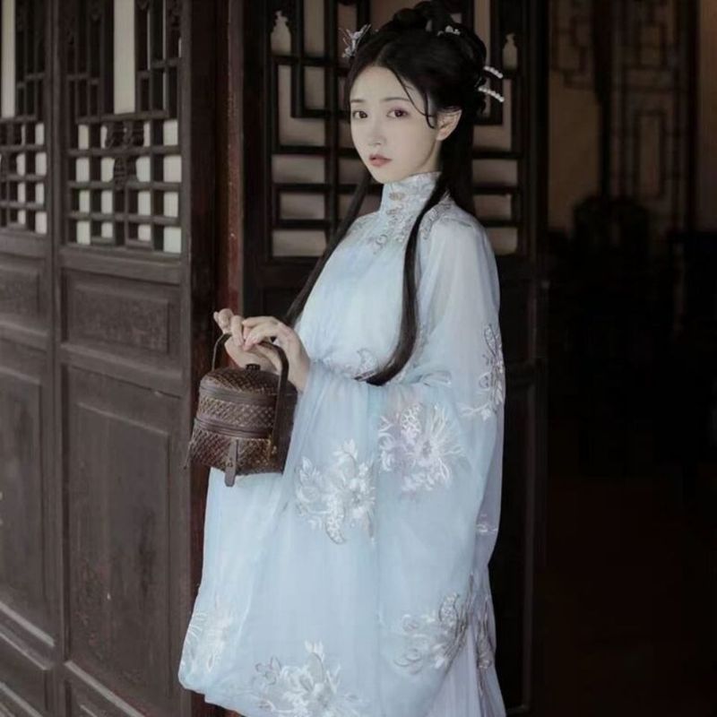 Ming Dynasty Hanfu adult Xianqi white embroidered double breasted standing collar long shirt waist elegant fairy skirt