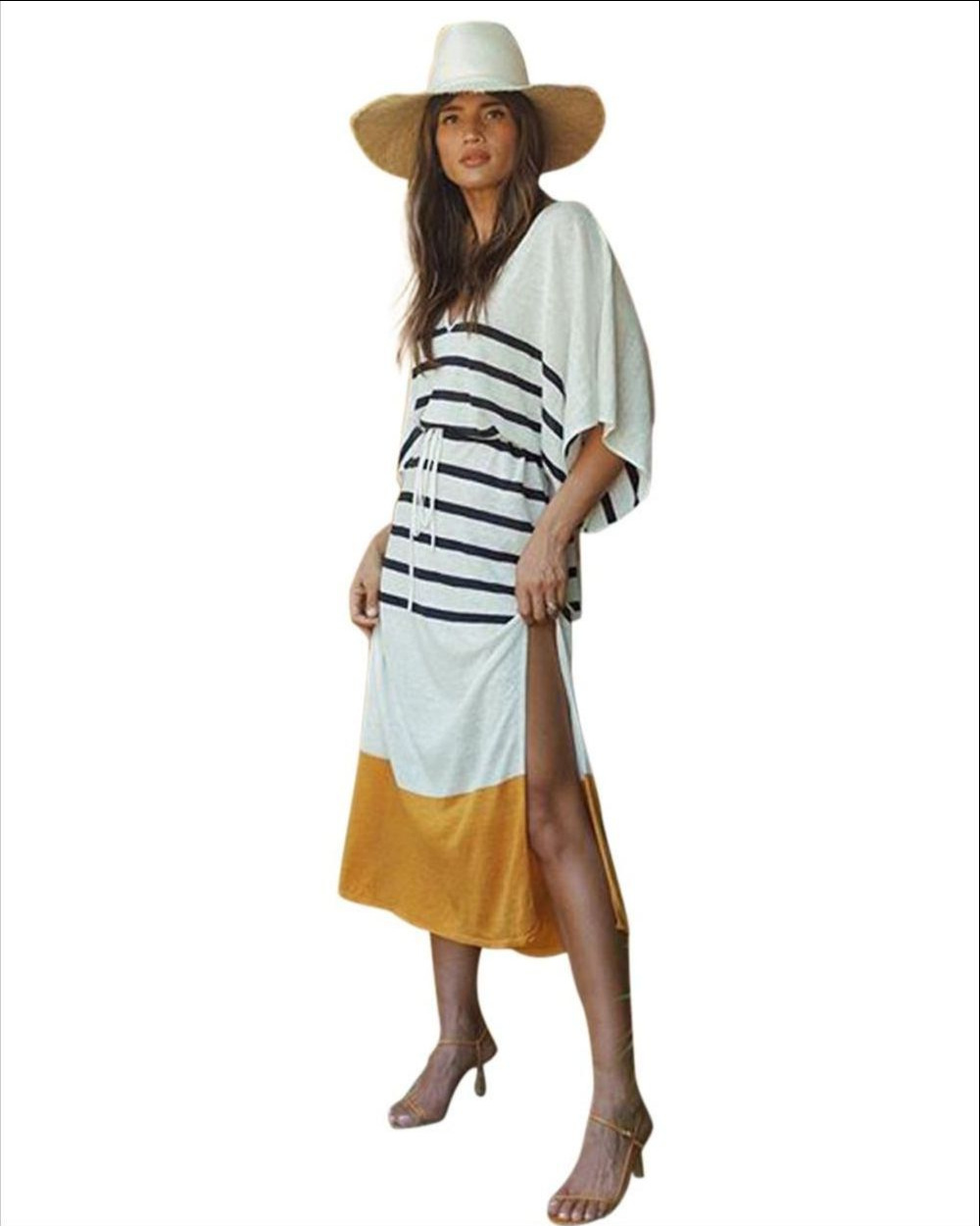 stripes women's V-neck bat sleeve striped dress NSDF1503