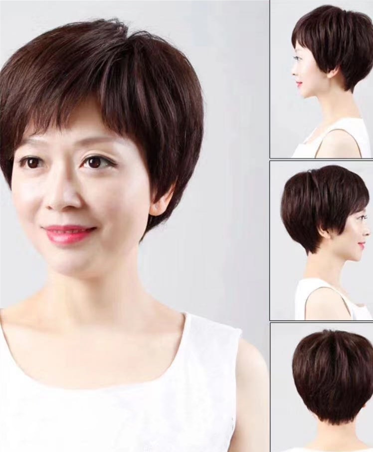 Peluca de cabello real marrón-rojo para mujer, cubierta completa, peluca de moda de mediana edad y ancianos, cabello corto, cabello real, transpirable y ligero