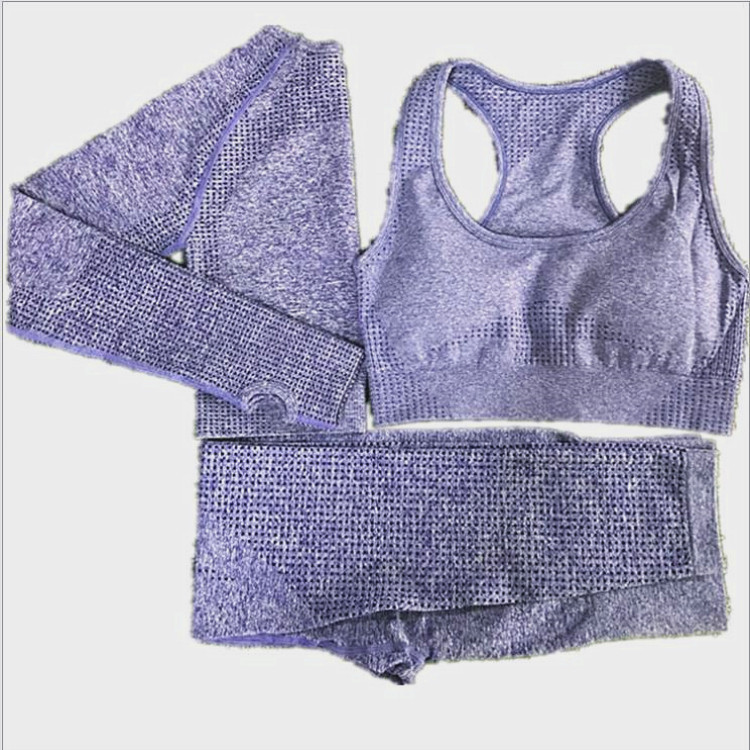 点点长袖瑜珈服套装三件套亚马逊秋冬运动文胸无缝运动裤瑜伽服女