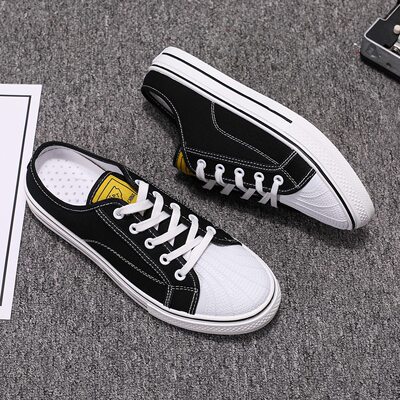 2020新款帆布鞋男時尚包頭夏季透氣半托潮鞋無後跟休閑鞋壹腳蹬鞋