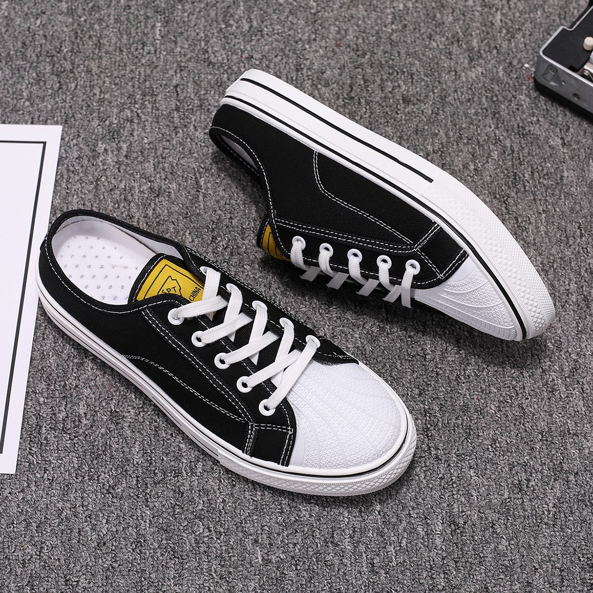 2020新款帆布鞋男時尚包頭夏季透氣半托潮鞋無後跟休閑鞋壹腳蹬鞋