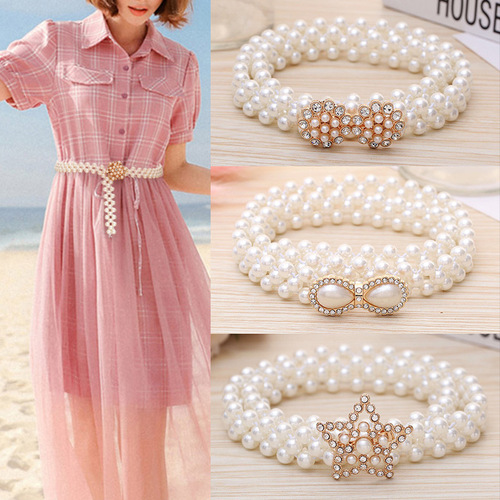 2pcs women girls Pearl waist chain chiffon dresses waistband stage performance photos shooting sashes women dress accessories with diamond elastic belt