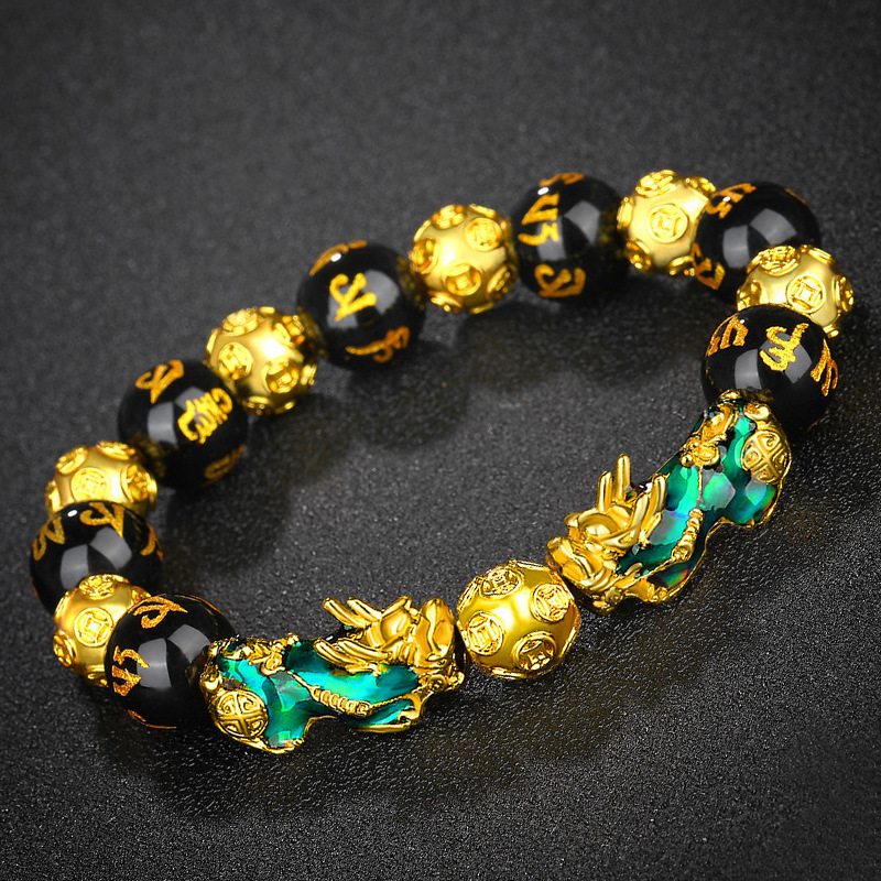 Vietnamese gold 3D temperature sensitive color changing Pixiu bracelet obsidian six character mantra Buddhist beads bracelet _voghion.com