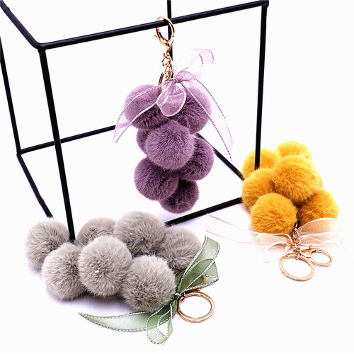 Creative grape fruit keychain cute bag plush pendant lace bow fur ball car key chain pendant