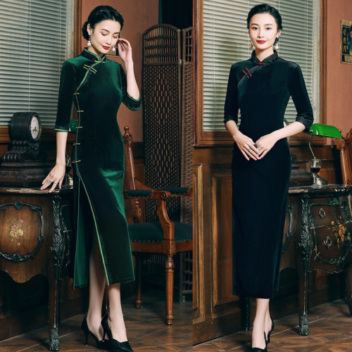 Women dark green Chinese dress qipao dresses Cashmere cheongsam Dresses ancient lady side buckle velvet long cheongsam skirt