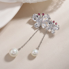 時尚新款蝴蝶鋯石胸針女高檔大氣珍珠雙蝴蝶胸花百搭大衣西服別針