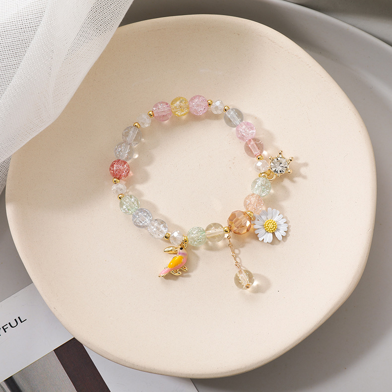 Verano Dulce Estilo Mori Margarita Flores Pájaros Palomitas De Maíz Cristal Pulsera Señoras Niñas Regalo Solo Círculo Pulsera Joyería display picture 3