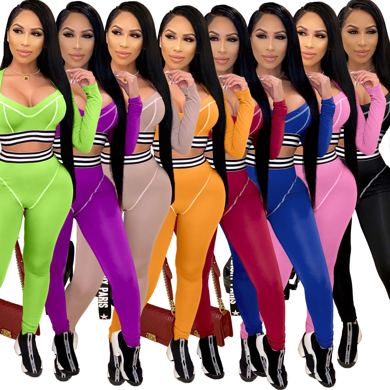 Women's Simple Style Solid Color Cotton Blend Polyester V Neck Tracksuit Wrap Crop Top Skinny Pants Sweatpants display picture 1