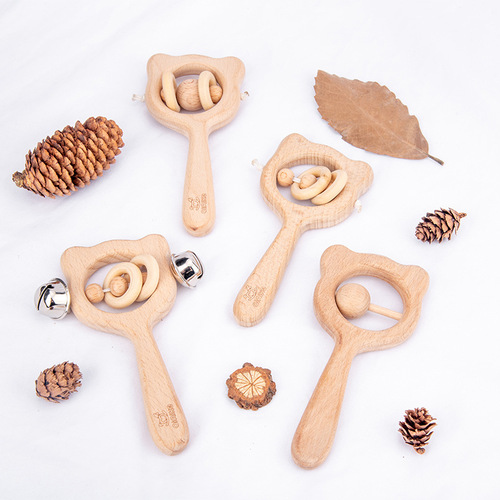 Baby soothing grasping hand wooden rattle baby educational early education cartoon animal shape toy manufacturer wholesale