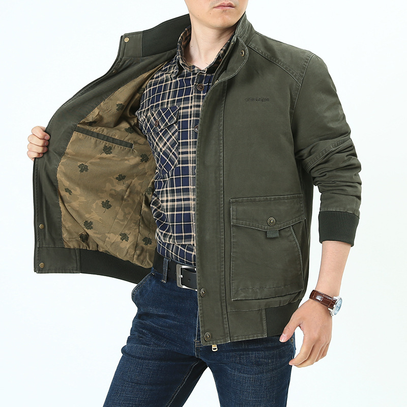 Amazon hombres primavera y otoño hombres chaqueta casual soporte collar multi-bolsa papá chaqueta delgada superior transfronteriza