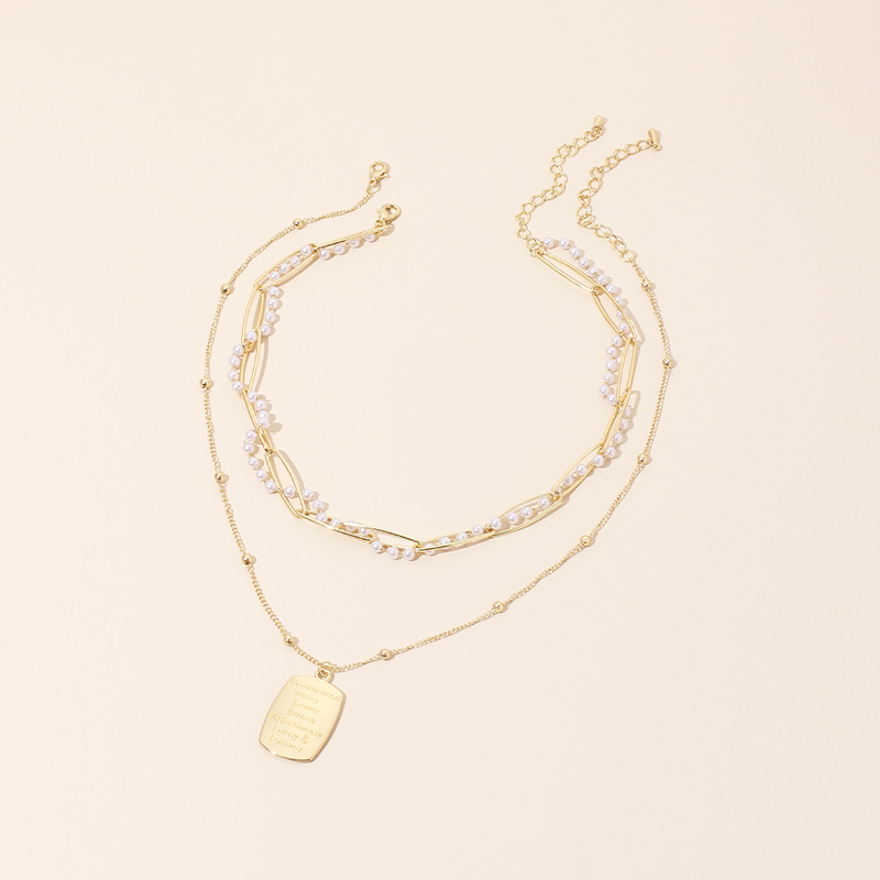 25g Weight Necklace Classification Wedding, Travel Occasion Women'S Gender Gold Color Fashion Multi-layer Ladies Pearl English Letter Tag Necklace Style Simple And Stylish Thin Clavicle Chain For Women Nihaojewelry 1