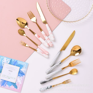 Tableware stainless steel — Ceramic-handle cutlery, marble patterns, coffee & fruit forks, 5-piece sets