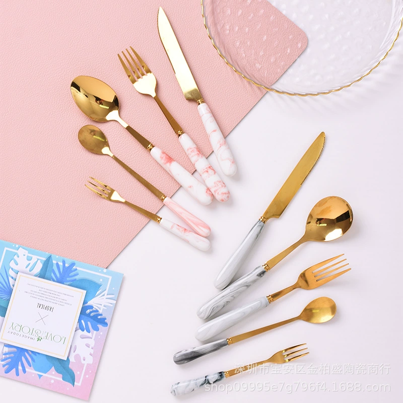 Tableware stainless steel — Ceramic-handle cutlery, marble patterns, coffee & fruit forks, 5-piece sets