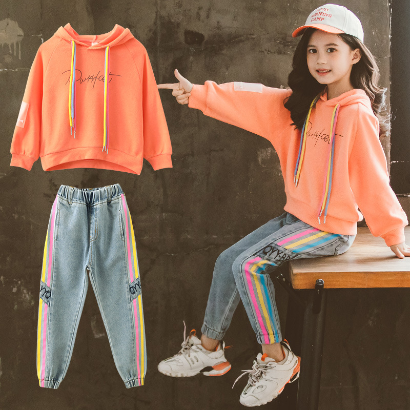 2024 Spring/Summer New Arrival Korean-style Girls' Set: Mid-to-Large Size, Colorful Cord Design, Solid-Color Hooded Sweatshirt + Casual Two-Piece Outfit