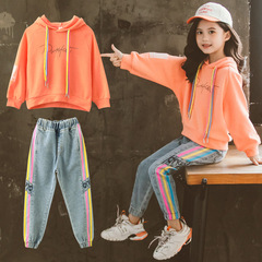 2024 Spring/Summer New Arrival Korean-style Girls' Set: Mid-to-Large Size, Colorful Cord Design, Solid-Color Hooded Sweatshirt + Casual Two-Piece Outfit