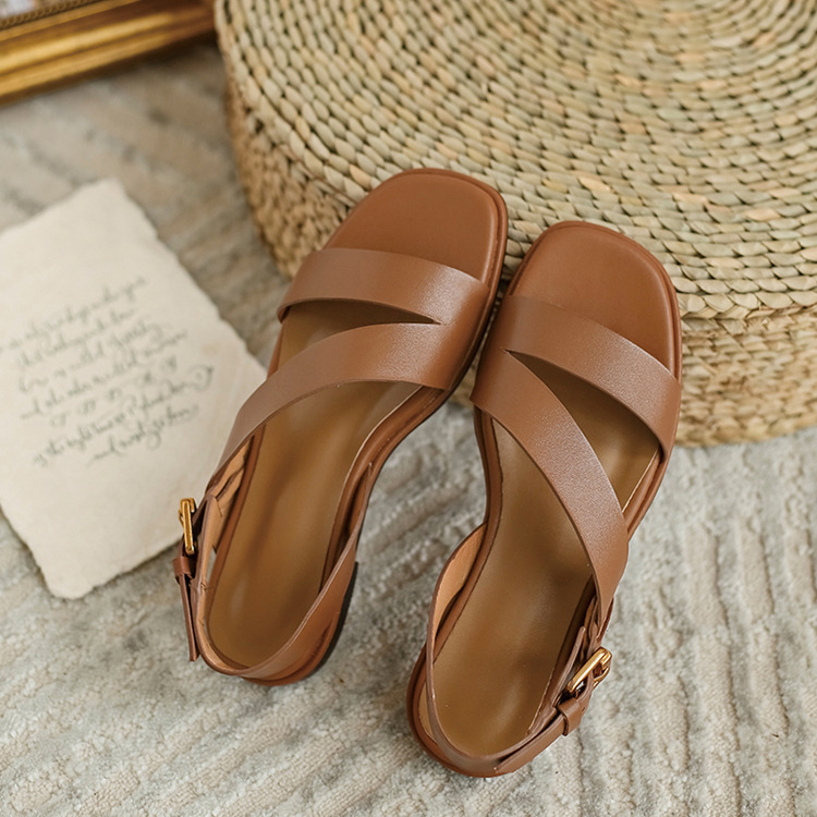 Sandal nữ đế bệt phong cách La Mã da bò hở ngón mùa hè — Màu nâu chi tiết 11