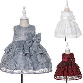 1005新款宝宝蕾丝公主裙婴儿满月礼服银灰枣红米白色洗礼服连衣裙