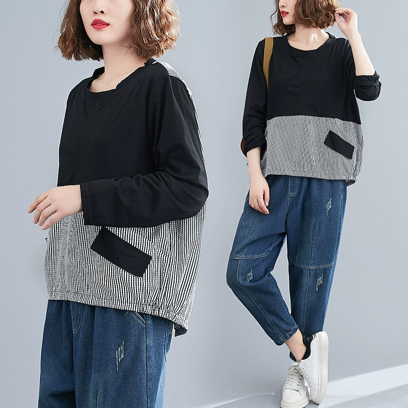 Весна 2022, Новая женская Повседневная футболка больших размеров в Корейском стиле с круглым вырезом, свободная футболка с длинным рукавом и художественной вышивкой в клетку