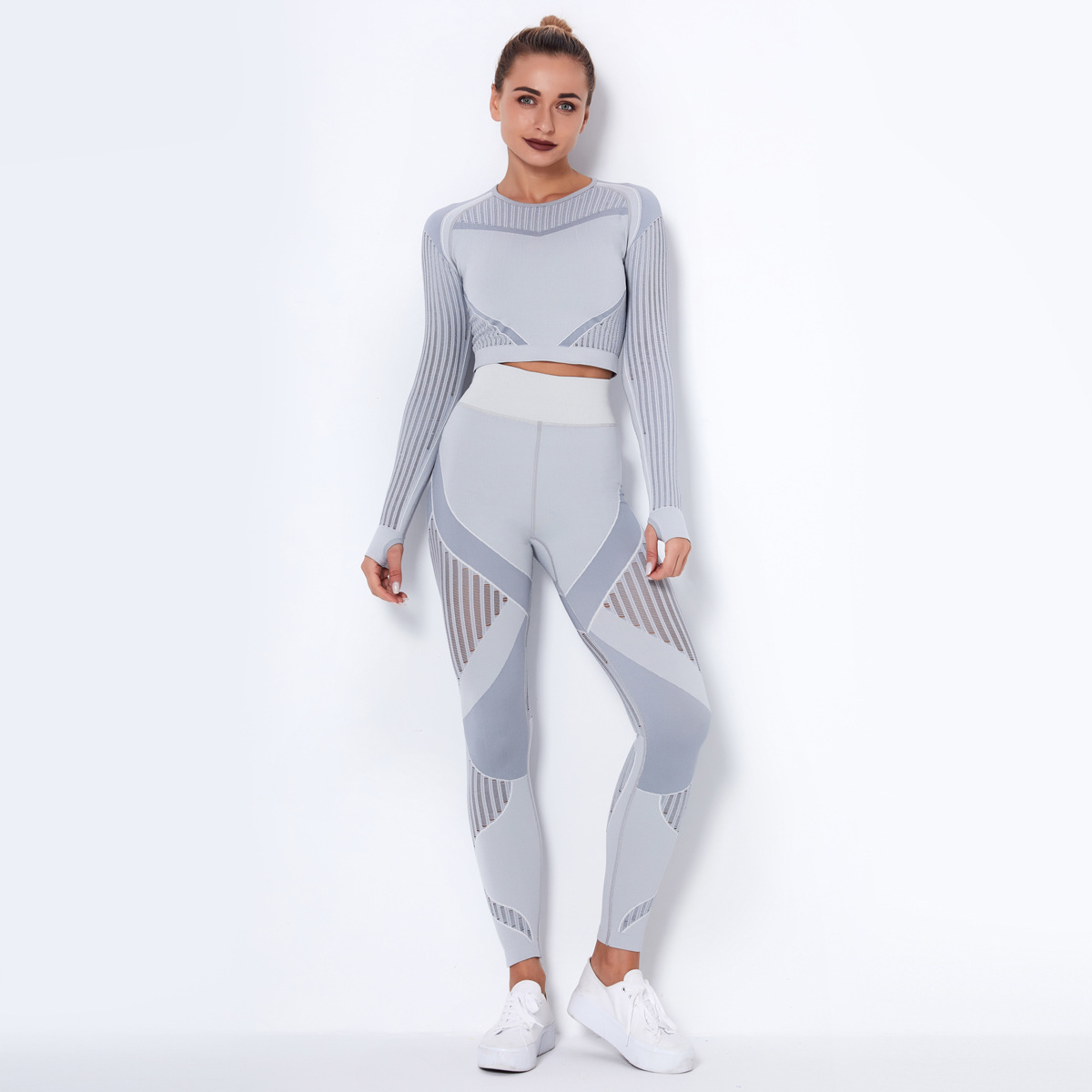 Seamless Mesh Quick-Drying Long Sleeve Striped Yoga Suit NSNS10714