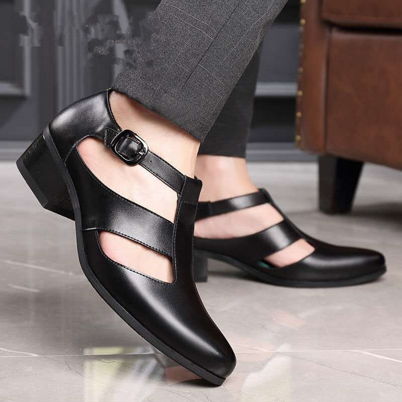 Leather Sandals Men's Leather Pointed Business Dress Hollow Leather Shoes Summer Breathable Men's High Heeled Heeled Heap Sandals