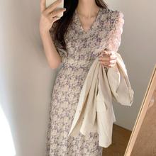 2021跨境韩版夏季新款紫色碎花裙子夏天泡泡袖气质甜美雪纺连衣裙