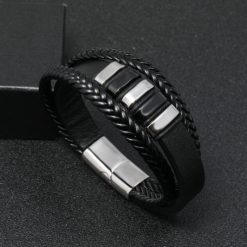 all-match menu0027s leather stainless steel woven punk PU bracelet