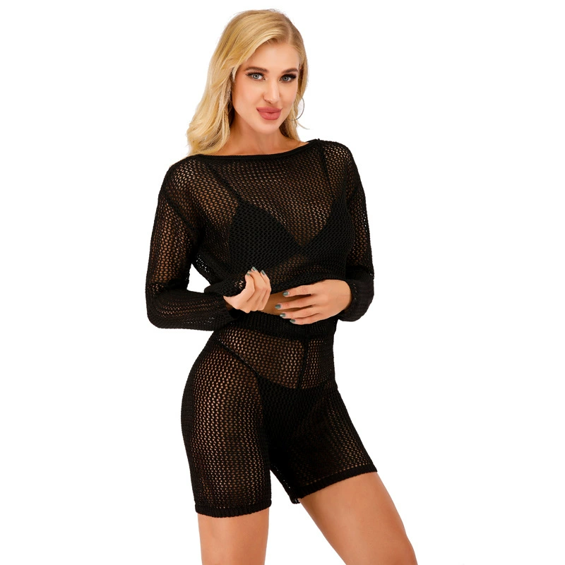 crochet bikini cover up Women's Bikini Cover Up Set Solid Color Hollow Mesh Knitted Long Sleeve Tops and High Waist Shorts Set sexy swimsuit cover ups