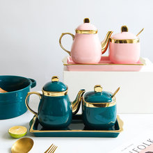 北欧轻奢调料罐配勺厨房油壶调料瓶套装陶瓷调料盒带托盘套装批发