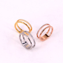 J4-102镂空双层20颗微镶钻情侣戒指韩版时尚钛钢镀玫瑰金食指指环