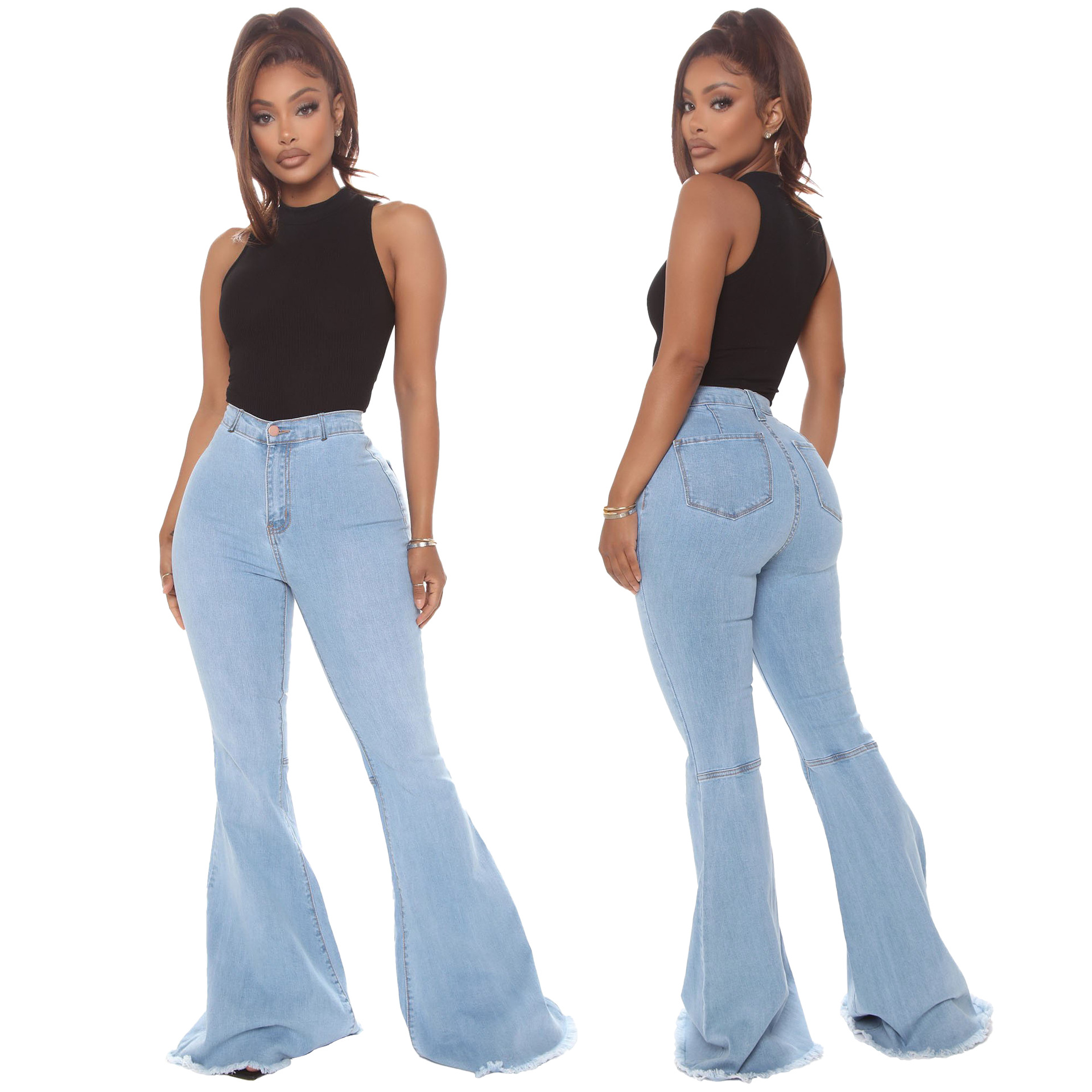 High-Waist All-Match Slim Stretch Denim Flared Pants NSSF64053