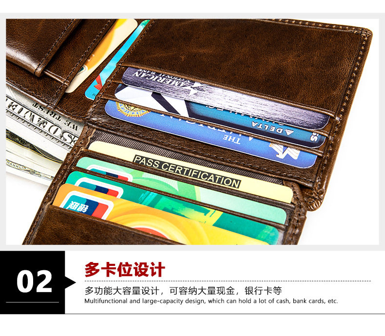 Ví da thật nam chống từ RFID nhiều ngăn đựng thẻ, ví đựng tiền xu gấp đôi kiểu công sở — 7313 màu đen, Cà phê 7313, Da ngựa điên màu nâu sẫm chi tiết 15