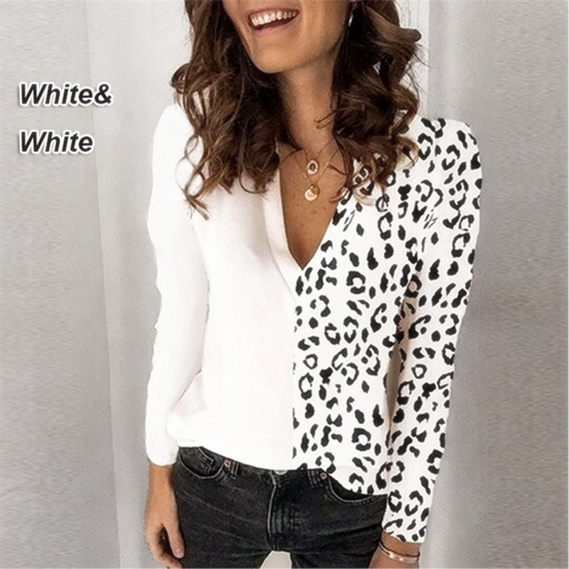 Leopard Printed Stitching V-Neck Long-Sleeved T-Shirt NSYHY106856