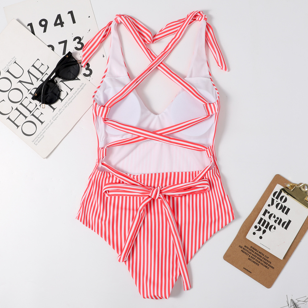 striped bow knot lace one-piece swimsuit  NSHL20399