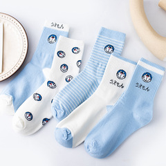 Striped blue small cat head series cotton socks for girls, Japanese cartoon style sports socks, cute crew socks, Instagram student socks