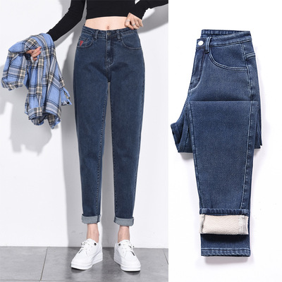 Cross border new pattern Large Women's wear Plush keep warm Jeans Elastic force Paige Show thin black trousers One piece On behalf of