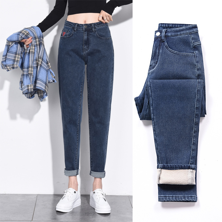 Cross border new pattern Large Women's wear Plush keep warm Jeans Elastic force Paige Show thin black trousers One piece On behalf of