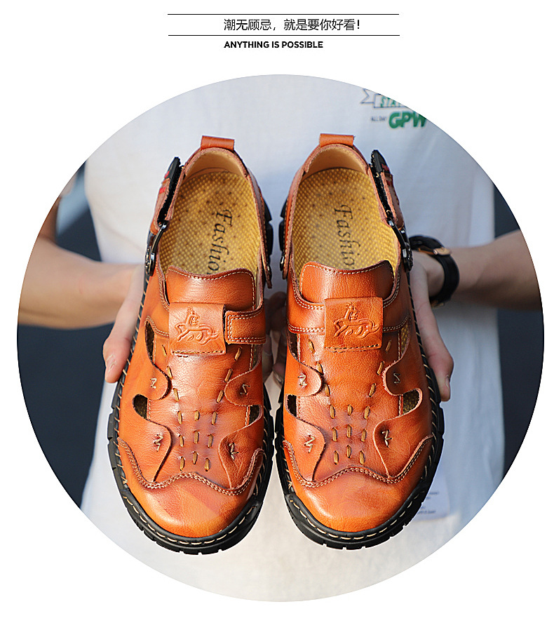 Cross-border genuine leather men's breathable large size 50 sandals, men's 49 massage sole, foreign trade cowhide beach shoes, casual men's slippers undefined